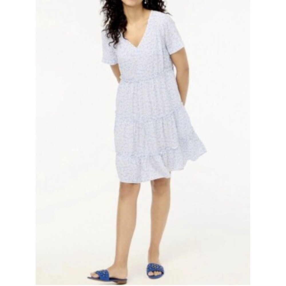 J. Crew Blue Floral Tiered Mini Dress Size XS Prairie Cottagecore Girlhoodcore